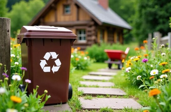 a green garbage bin with an organic waste symbol rests on a stone pathway leading to a rustic wooden cottage.  