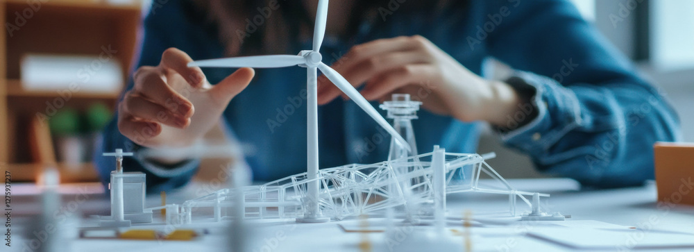 Poster close up of hands assembling wind turbine model with focus on renewable energy