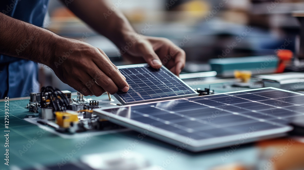 Poster hands assembling solar powered device on workbench in workshop