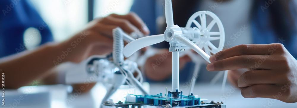 Poster Close up of hands assembling wind turbine model with focus and teamwork