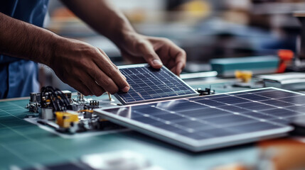 Hands assembling solar powered device on workbench in workshop