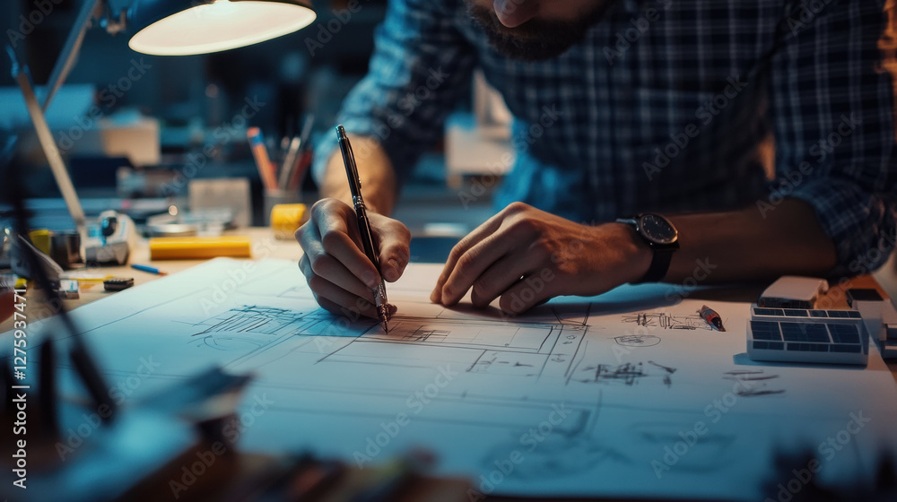 Poster close up of hands sketching architectural designs on blueprint at desk
