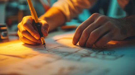 Close up of hands sketching design on paper with pen in warm lighting