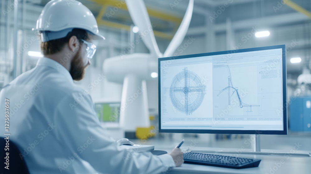 Poster Engineer analyzing wind turbine designs on computer in modern laboratory