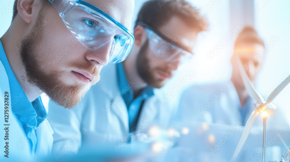 Poster scientists collaborating on wind turbine research in laboratory setting