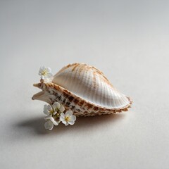 A single, elegant seashell with a tiny blooming flower inside, resting on a white background.
