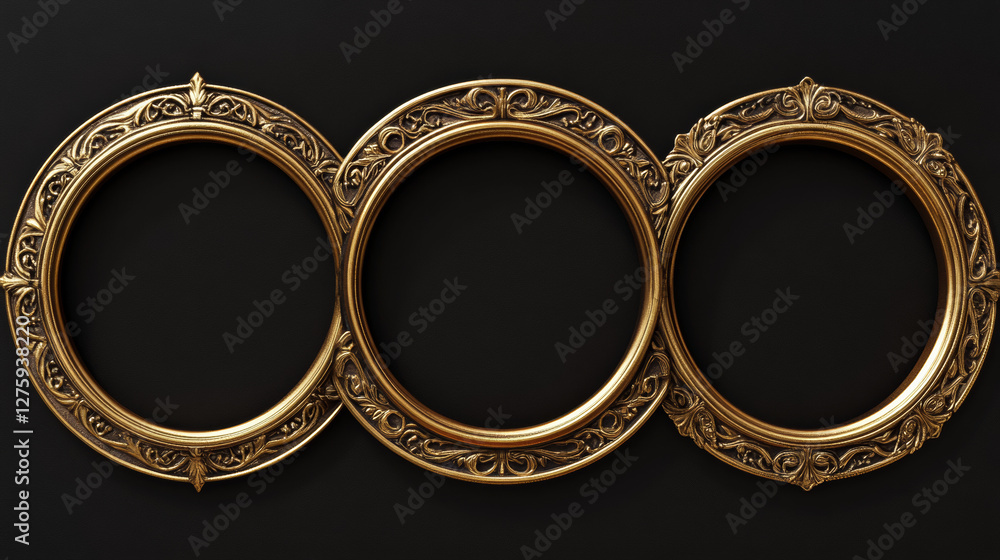 Poster round ui game frames, gold textured circles with curve ornate rims and decor. cartoon circular empty