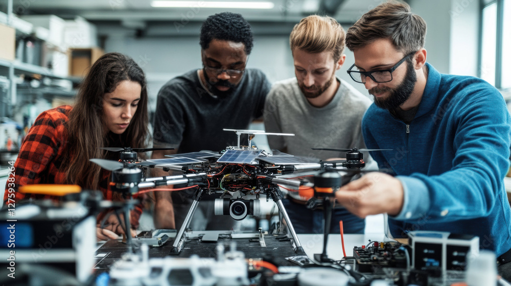 Poster diverse team of engineers collaborating on drone project in modern lab