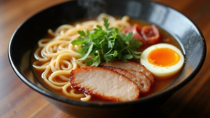   A mouthwatering 8k image of a steaming bowl of ramen adorned with delicious toppings like soft-boiled egg and sliced pork., ultra detailed, 8k resolution, HDR, professional
