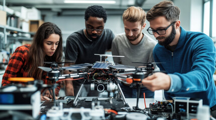 diverse team of engineers collaborating on drone project in modern lab