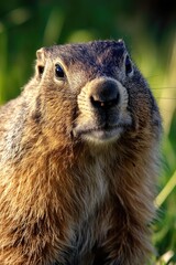 Close-up of a groundhog sitting on grass
