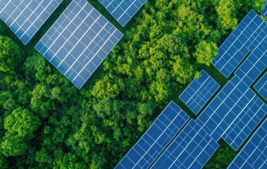 Aerial view of solar farm surrounded by lush green forest, showcasing sustainability