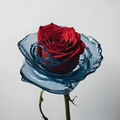 A simple yet elegant composition of a single blue wave curling around a red rose, against a white backdrop.