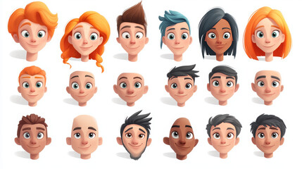Fototapeta premium Man face constructor, avatar of caucasian male character creation heads, hairstyle, nose, eyes with eyebrows and lips. Facial elements for construction isolated on white background, cartoon vector set