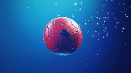 Fototapeta premium Red soccer ball levitating in blue space with snowflakes.