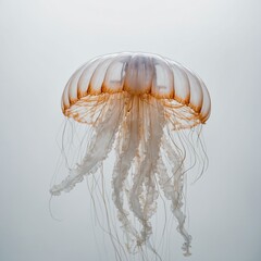 A jellyfish with translucent tentacles that resemble delicate flower petals, floating in a white space.