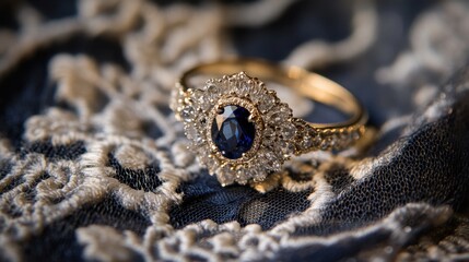 Obraz premium A halo-style engagement ring with a blue sapphire center stone displayed on a delicate lace fabric