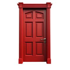 Obraz premium Bright red door with classic design in simple setting isolated on png transparent background, cut out