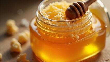   A detailed, high-resolution photograph of a jar filled with golden honey and a honeycomb, captured in a close-up shot., ultra detailed, 8k resolution, HDR, professional