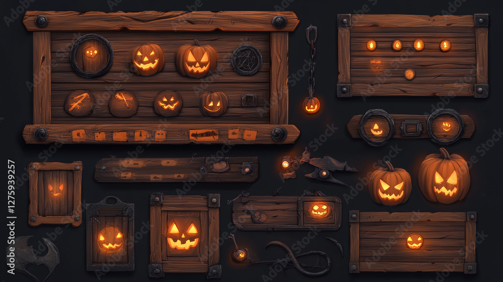 Poster old wooden boards with buttons, menu, assets and frames for game interface design. vector cartoon se