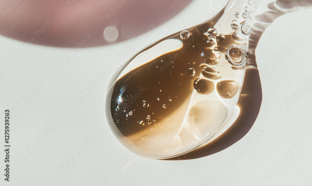 Poster close up of translucent liquid droplet with bubbles, casting shadow on light surface. droplet textur