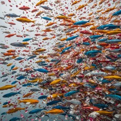 A colorful school of fish swimming through a sea of floating flower petals, isolated on white.