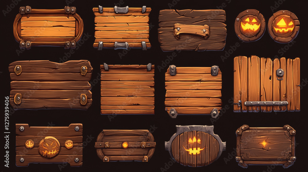 Poster old wooden boards with buttons, menu, assets and frames for game interface design. vector cartoon se