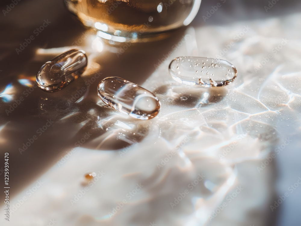 Poster translucent capsules on reflective surface with light reflections creating serene atmosphere
