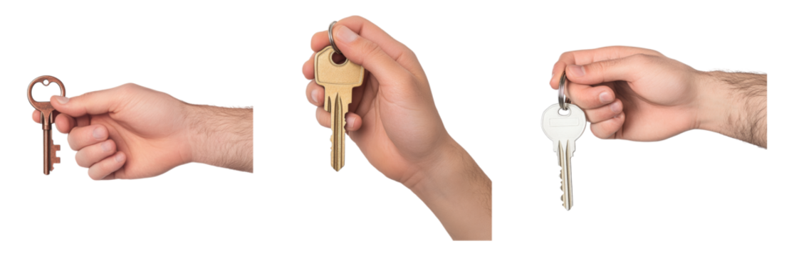 Hands Holding Different Types of Keys for Lock Access Isolated on transparent background