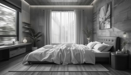 Modern Monochromatic Bedroom Interior Design Serene Minimalist Bed with Large Window and Abstract