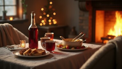 Fototapeta premium A cozy winter dinner setting by the fireplace with a bottle of mulled wine, fondue, warm blankets, and soft lighting., ultra detailed, 8k resolution, HDR, professional