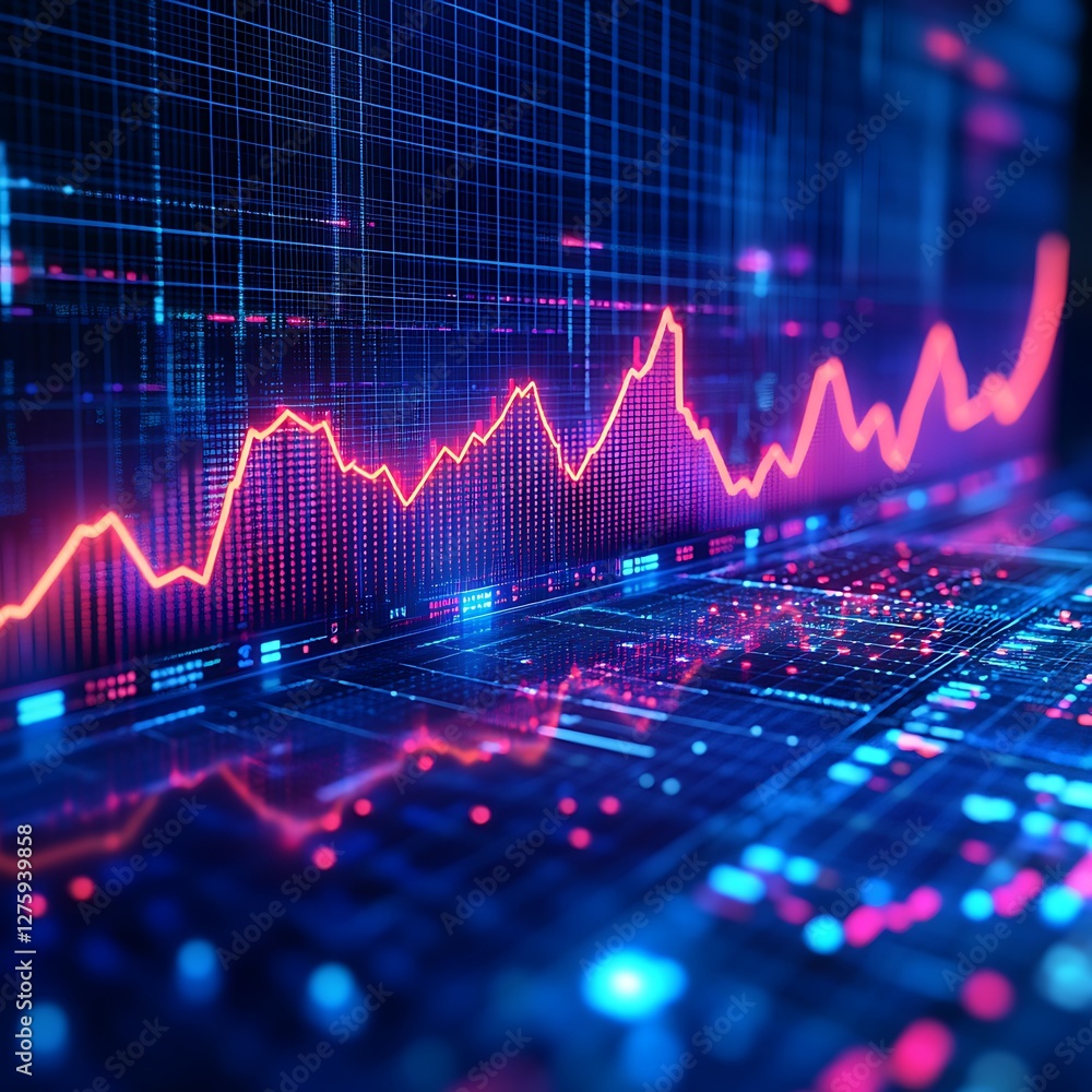Poster abstract digital finance chart with vibrant colors illustrating data trends and fluctuations.
