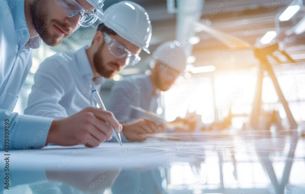 Poster engineers collaborating on technical drawings in modern industrial workspace