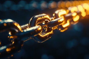 Close-up view of a chain with a light shining in the background, great for illustration or design