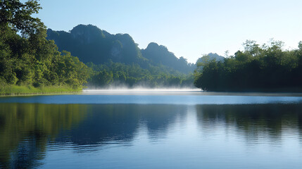 Obraz premium A tranquil lake surrounded by lush greenery and misty mountains, reflecting the serene blue sky at dawn