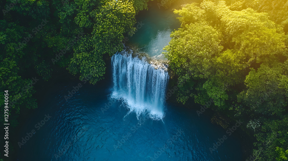Poster a breathtaking aerial view of a serene waterfall cascading into a tranquil pool, surrounded by lush 