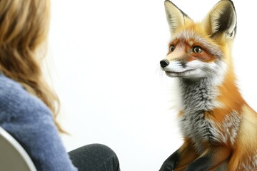 Fototapeta premium A woman sits beside a taxidermied fox, making for an unusual and quirky scene