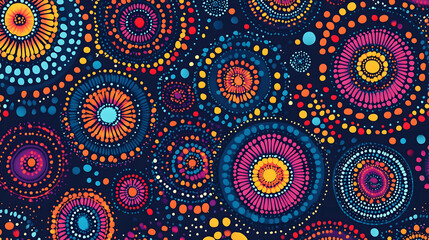 Vibrant Abstract Artwork Featuring Multicolored Circles and Dots on a Dark Blue Background