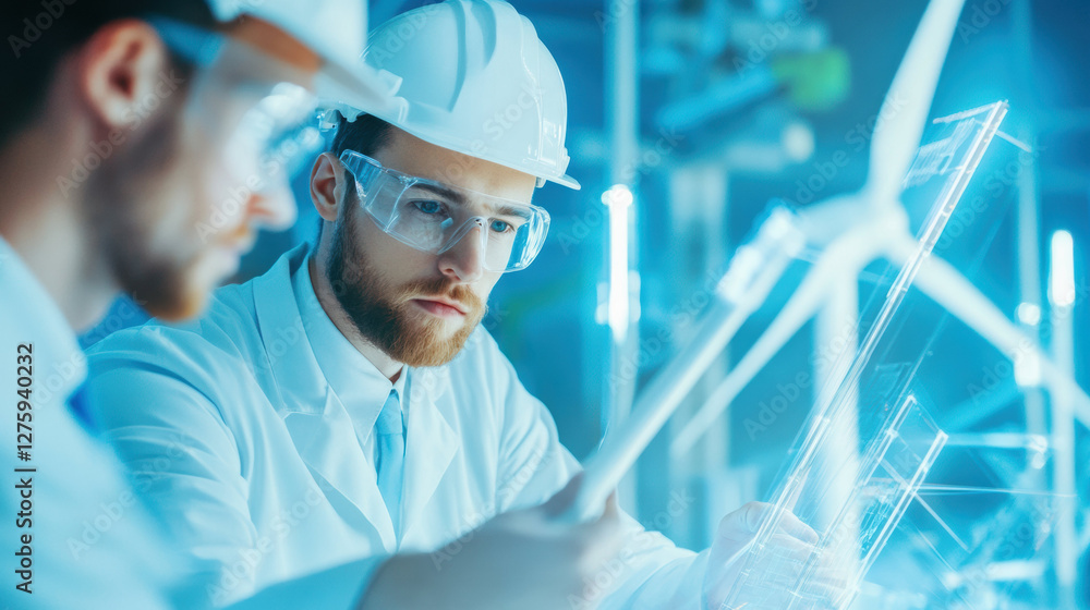 Aufkleber Engineers analyzing wind turbine models in laboratory with focused expressions
