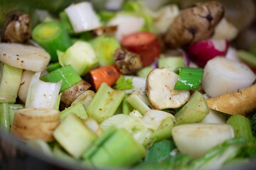 Colorful mix of roasted root vegetables, celery, and leeks. Perfect for soup or side dish.