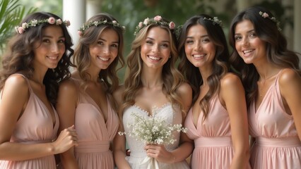 Obraz premium A beautiful group of bridesmaids in matching dresses pose for a photo with stunning details on their fabrics, flowers, and hair., ultra detailed, 8k resolution, HDR, professional