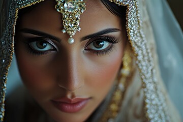 A close-up view of a woman's face covered by a veil, perfect for using as a symbol or representing anonymity