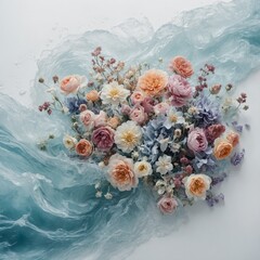 A dreamlike ocean with soft pastel waves, merging seamlessly into a bouquet of rare flowers on a white canvas.
