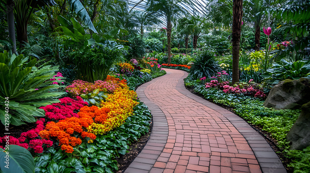 Poster a vibrant garden path meanders through lush greenery and colorful flowers, creating a serene and inv