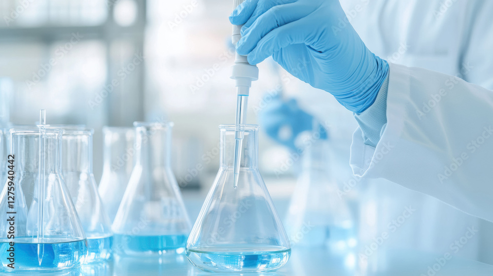 Aufkleber scientist in gloves using pipette to transfer liquid into flask in laboratory