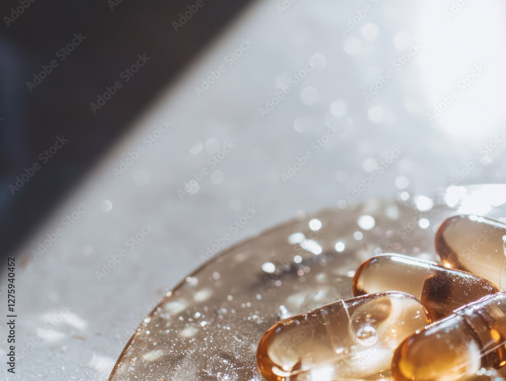 Poster close up of translucent capsules on reflective surface, with sunlight creating sparkling effect. ima