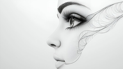 Fototapeta premium Elegant woman profile, feather design, white background, beauty advert