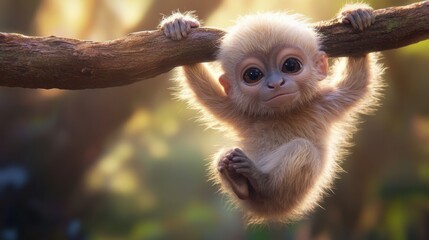 Fototapeta premium Adorable baby monkey hanging playfully from a branch in nature