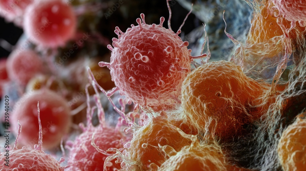Poster a close-up view of cells under a microscope