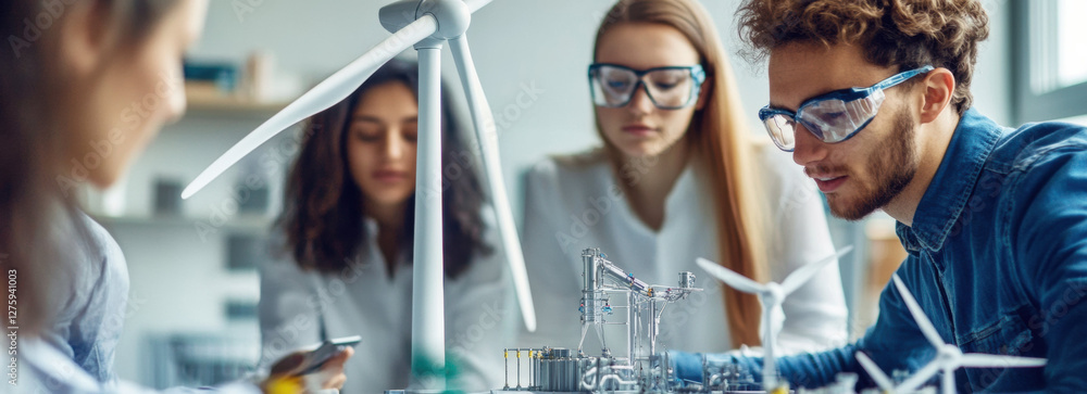 Poster team of engineers testing wind turbine model in modern laboratory